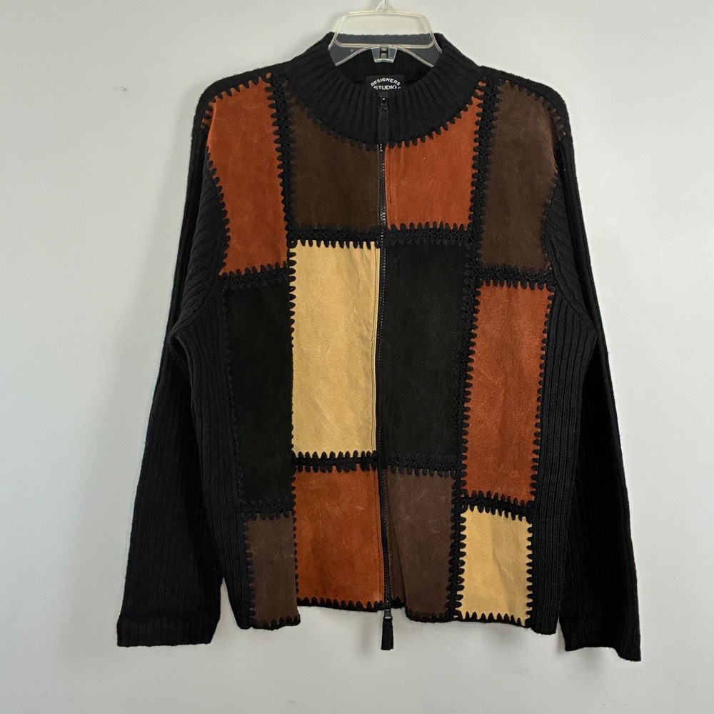 Y2K DESIGNERS STUDIO Patchwork Suede Zip Up Sweater Jacket Womens XL Festival - Picture 6 of 6